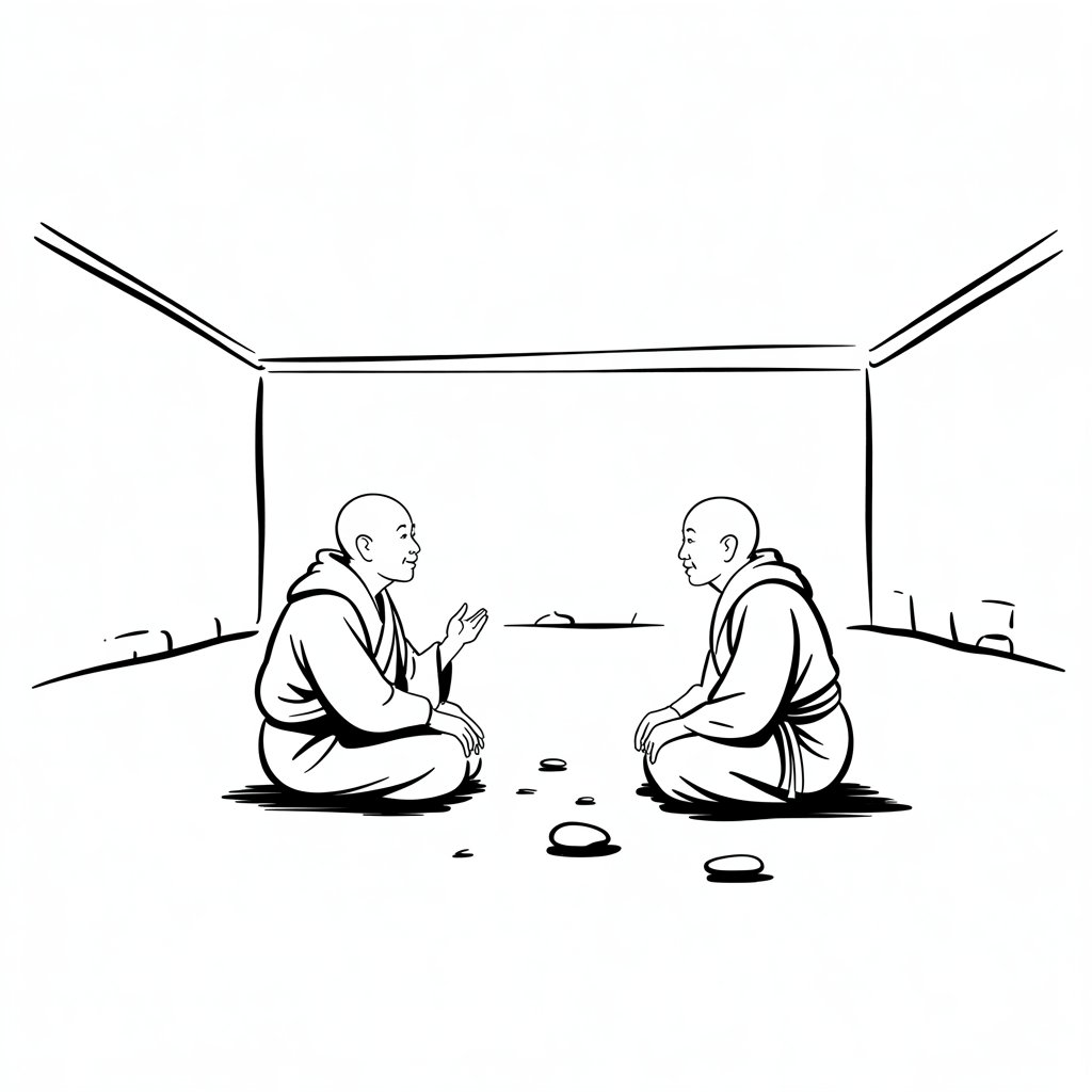 Two monks debating in a courtyard